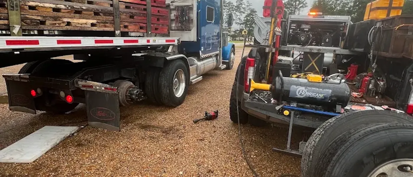 Breaux's Roadside service truck parked alongside a blue semi tractor hauling a flatbed load of pallets, with a replacement tire staged on the ground