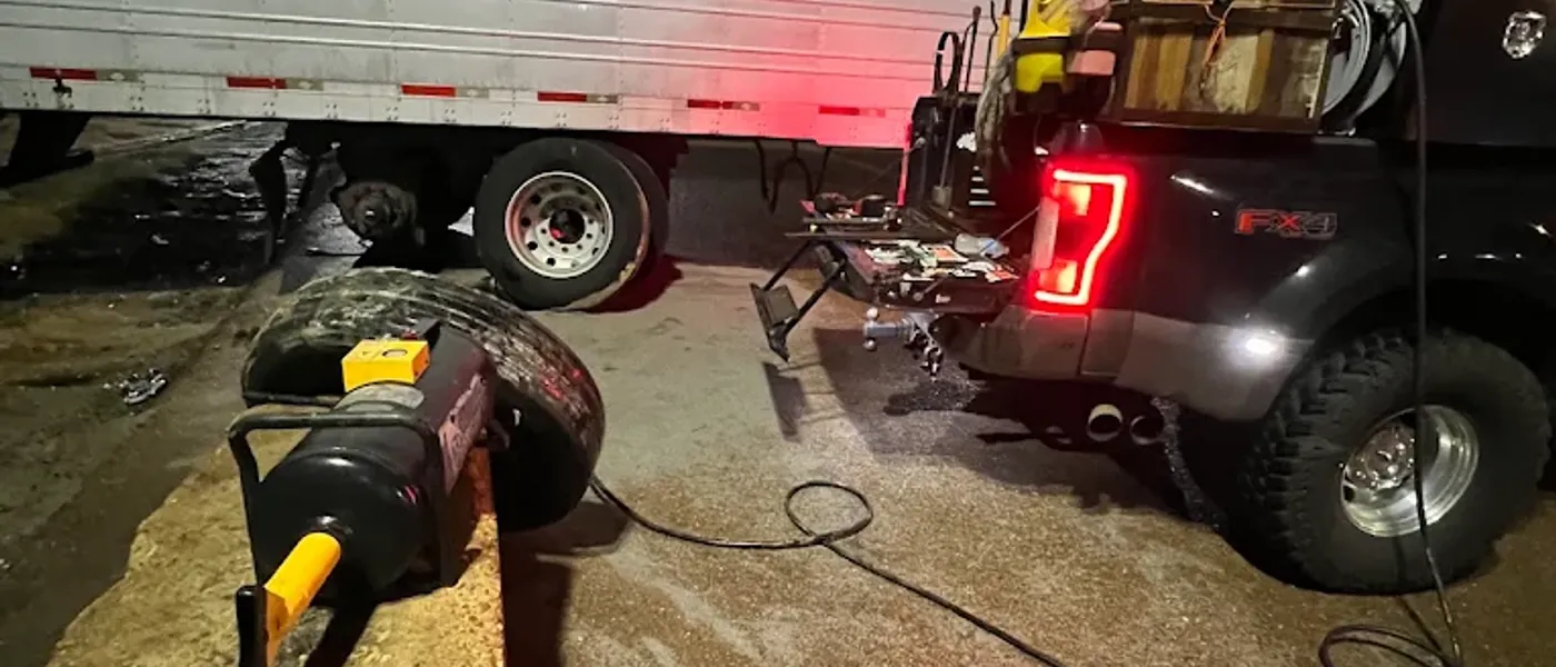 Night-time roadside tire service on a semi trailer, lit by the Breaux's Roadside service truck